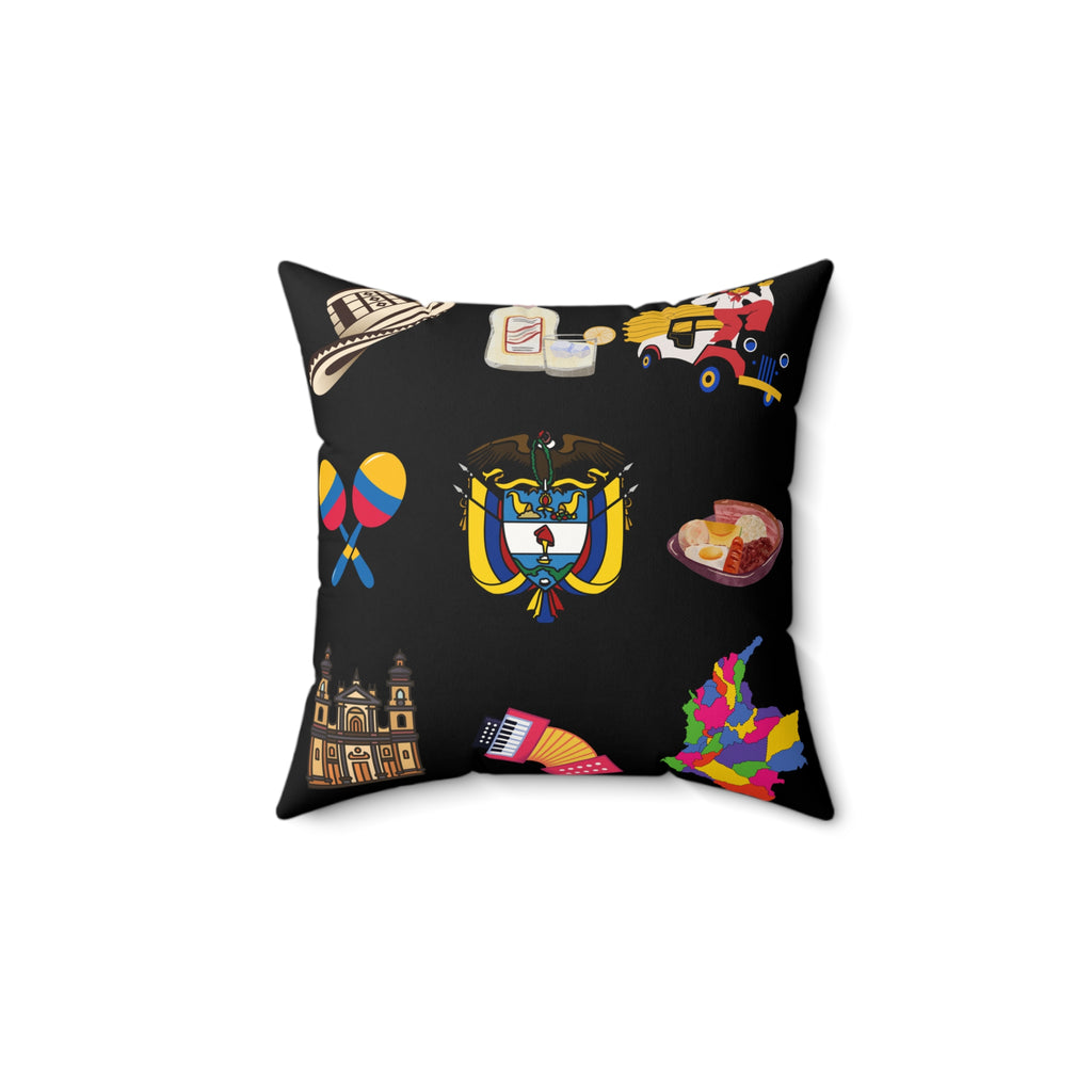 Colombia Symbols - Black Faux Suede Square Pillow