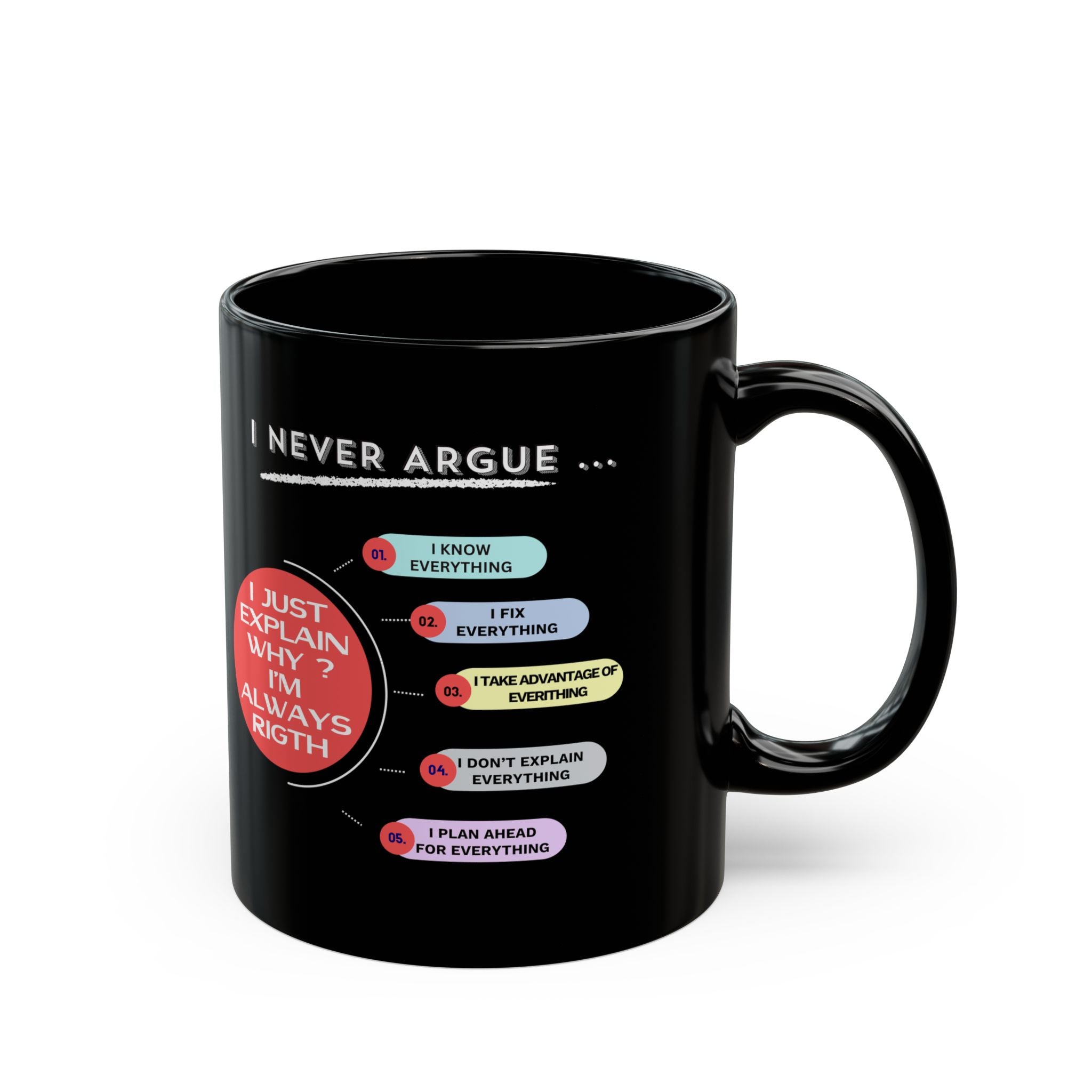 Humorous Black Mug for Coffee Lovers, Funny Gift, I Never Argue Design, Office Humor, Unique Tea Cup, Birthday Present