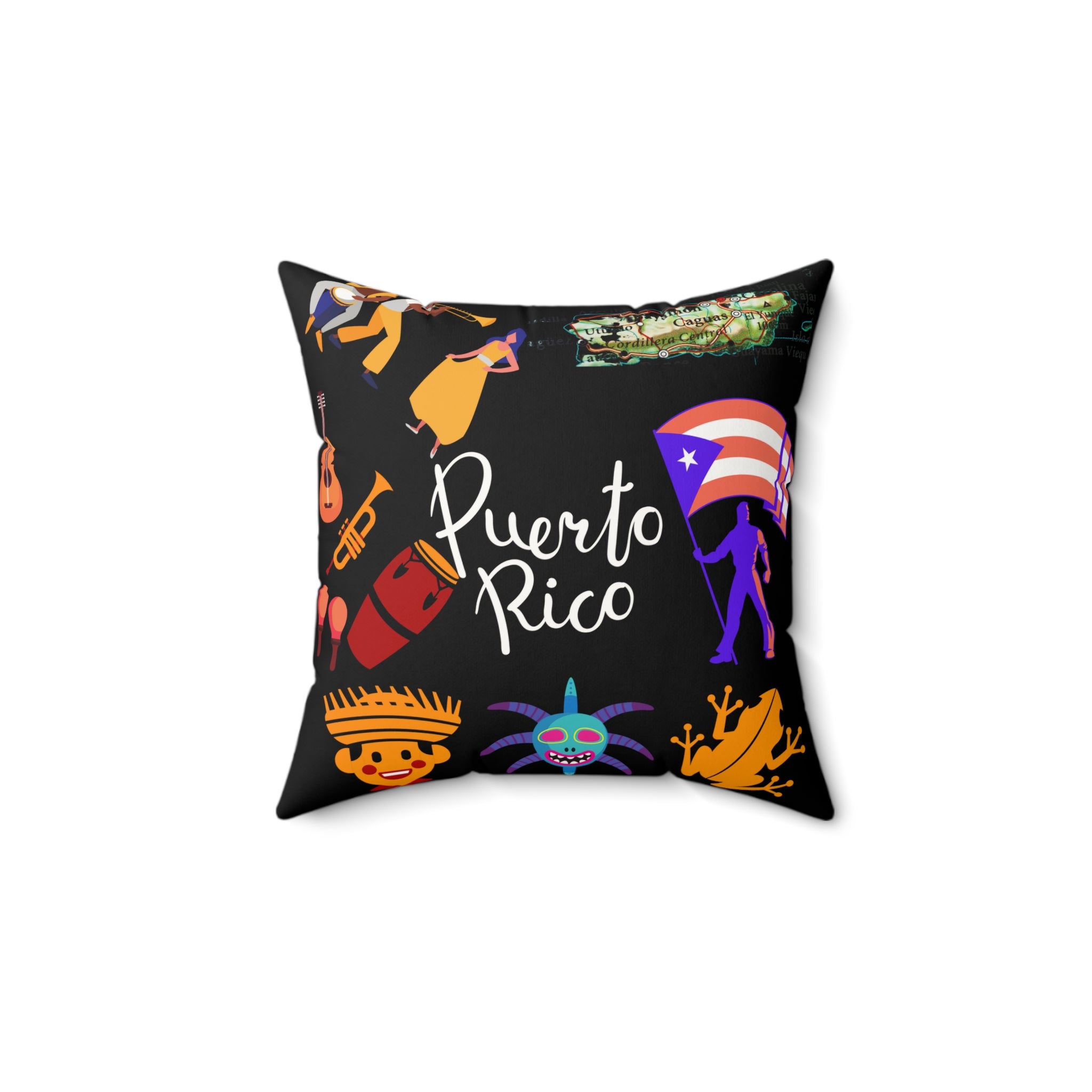 Puerto Rico Symbols - Black Faux Suede Square Pillow - Any Day Gift