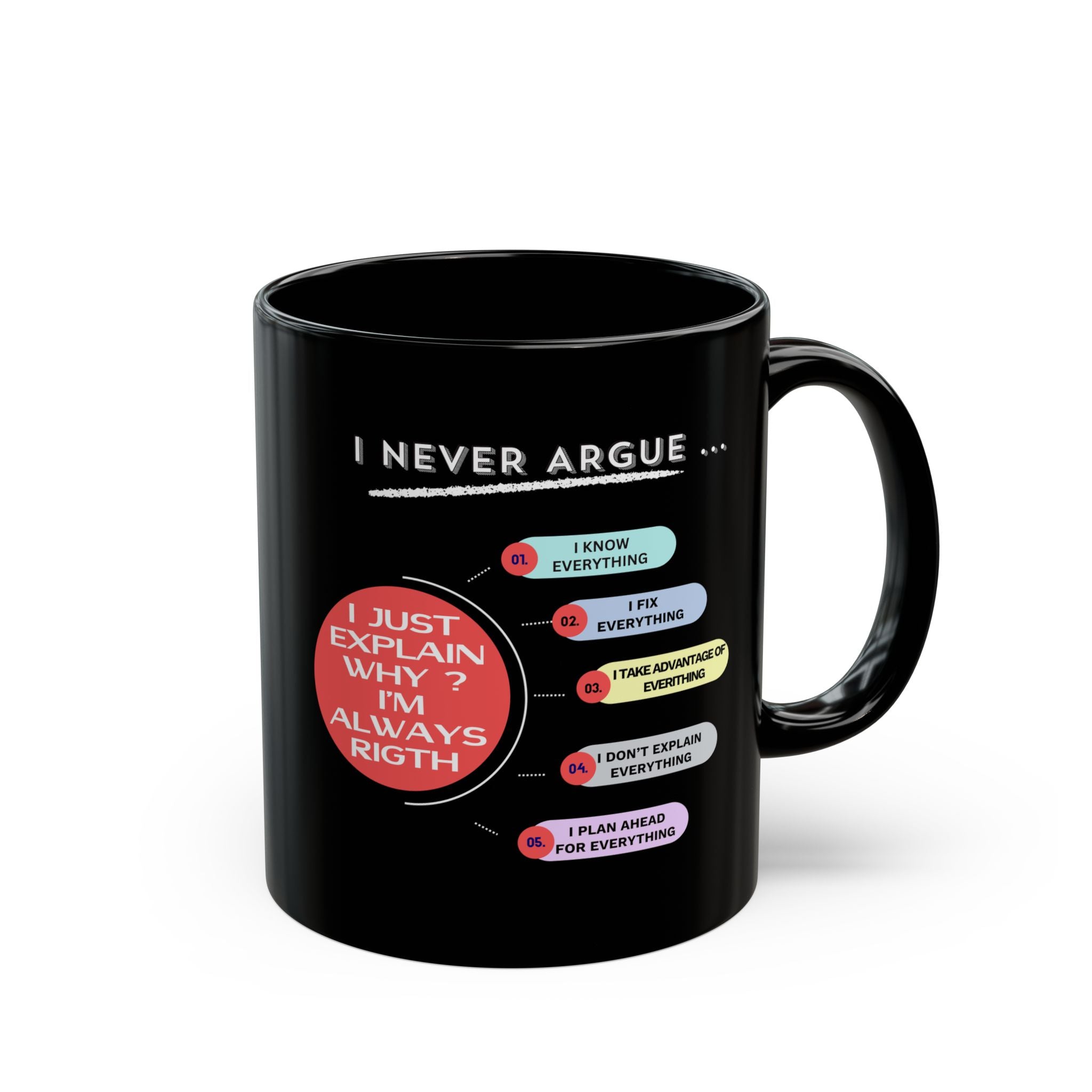 Humorous Black Mug for Coffee Lovers, Funny Gift, I Never Argue Design, Office Humor, Unique Tea Cup, Birthday Present