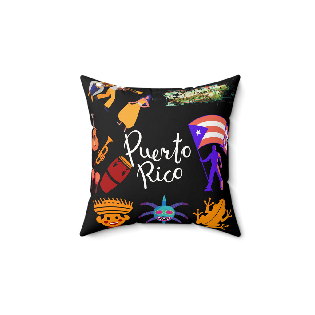 Puerto Rico Symbols - Black Faux Suede Square Pillow - Any Day Gift